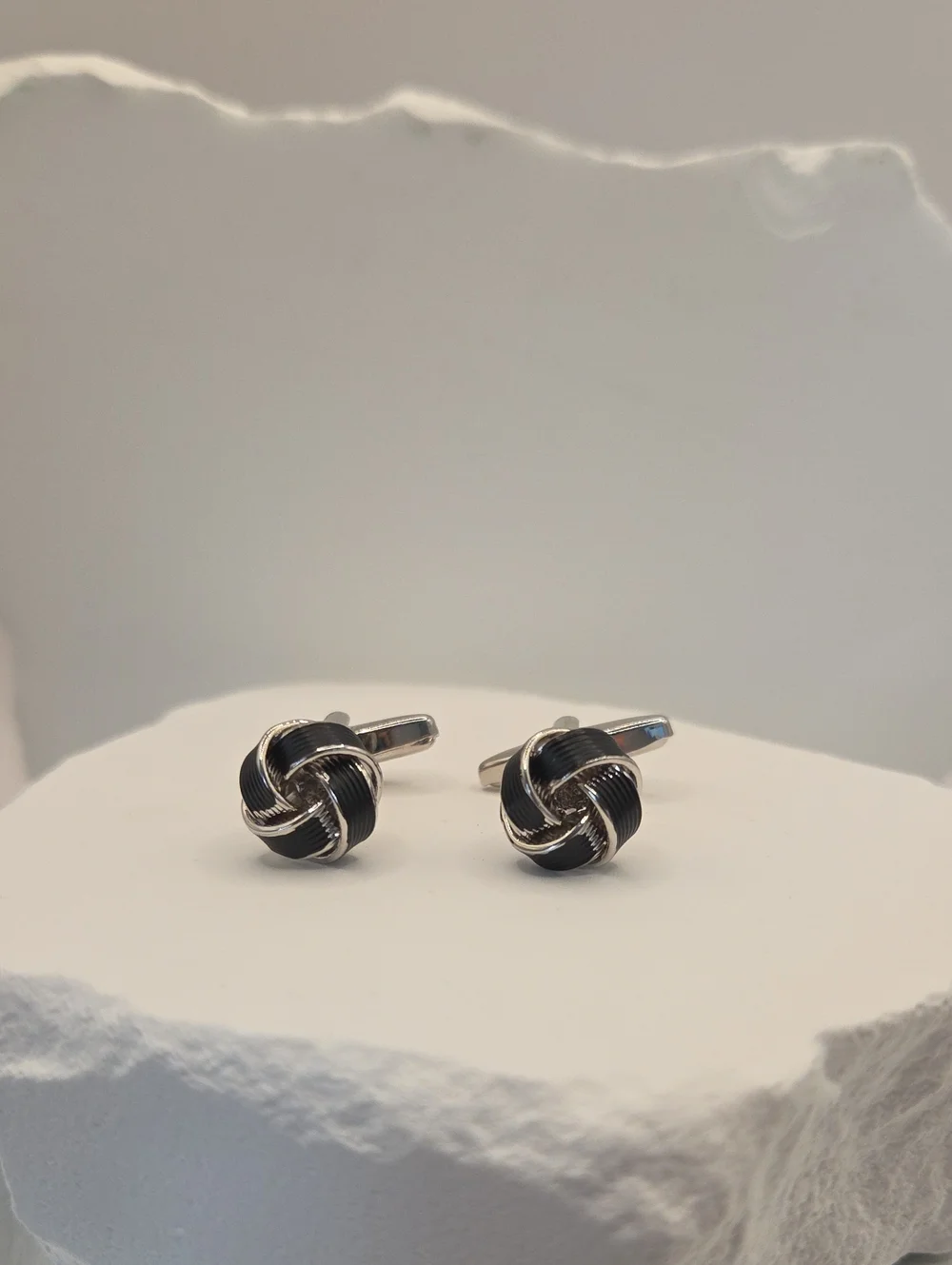 MEL New York Men's Black & Silver Knot Cufflinks Stainless Steel Bullet Back